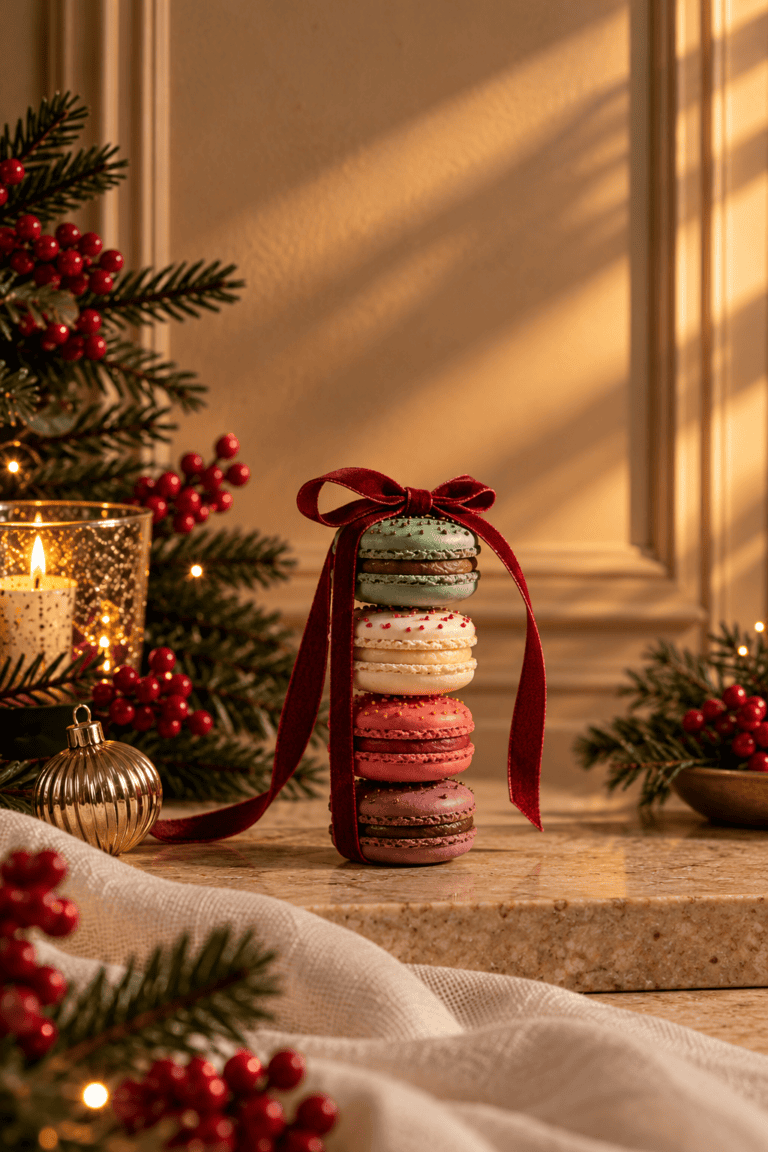 Velvet-Ribbon Christmas Macaron Tower